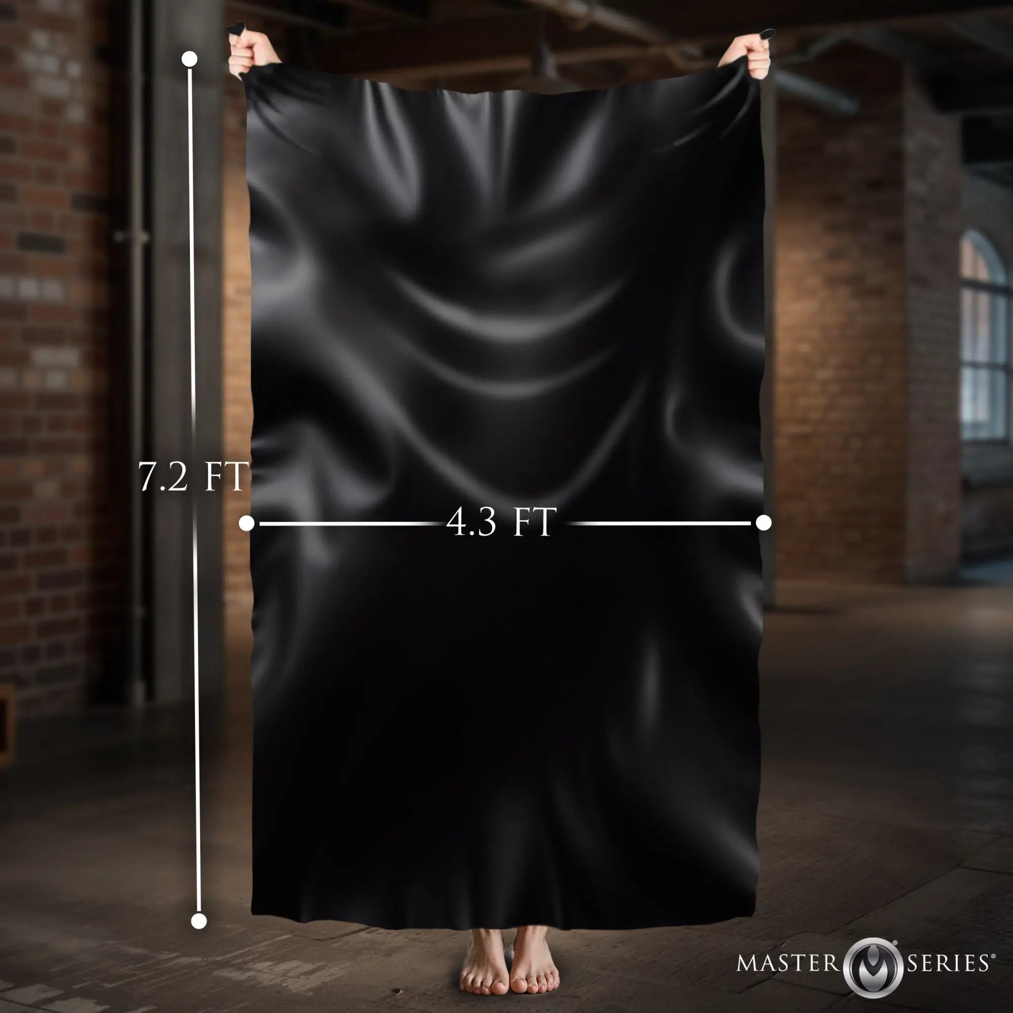 Master Series Play Sheets: 3-pack of black, satin-finish waterproof bed covers shown with 7.2ft by 4.3ft dimensions.