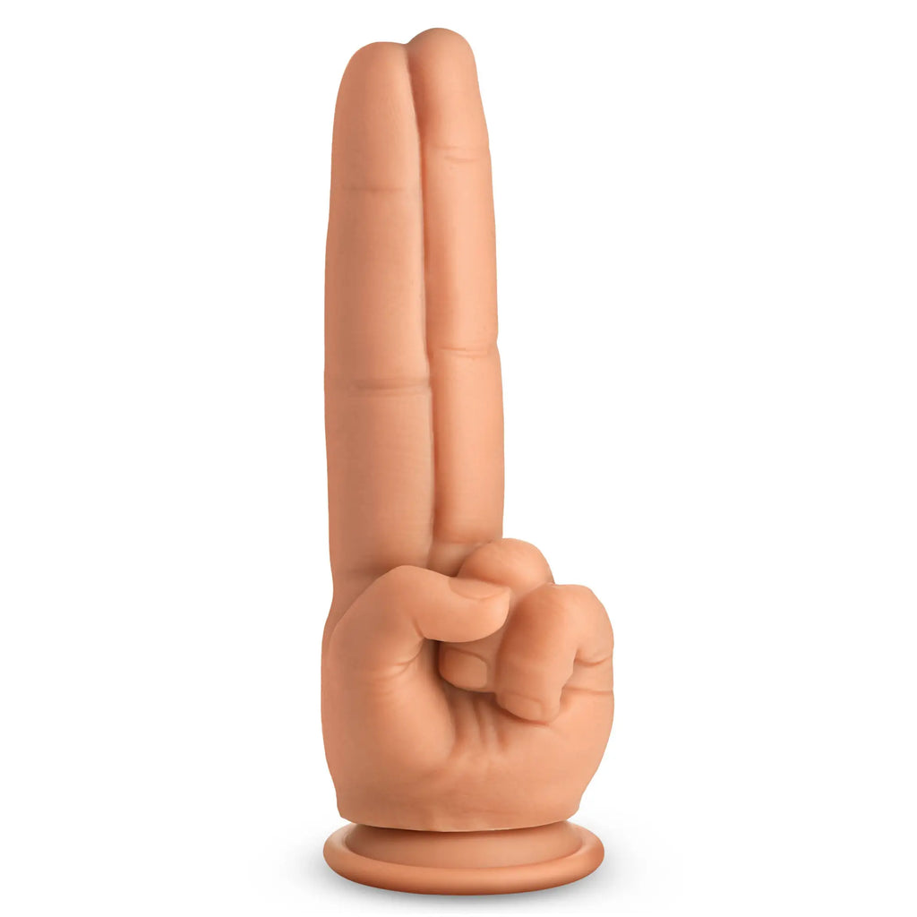 Master Series The Pleaser: a flesh-toned, silicone dildo shaped like two extended fingers with a suction cup base.
