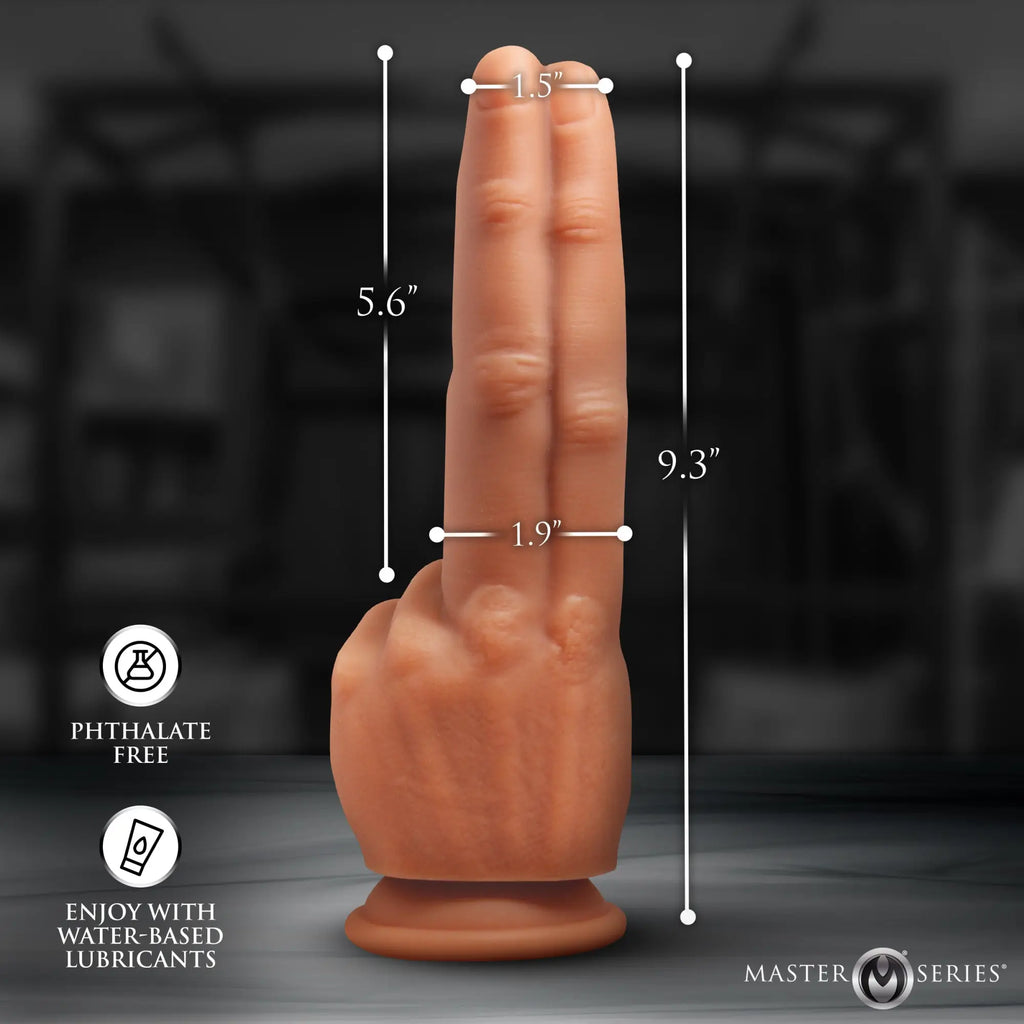 Master Series The Pleaser: a realistic, tan silicone two-finger dildo on a suction cup base with measurement labels.