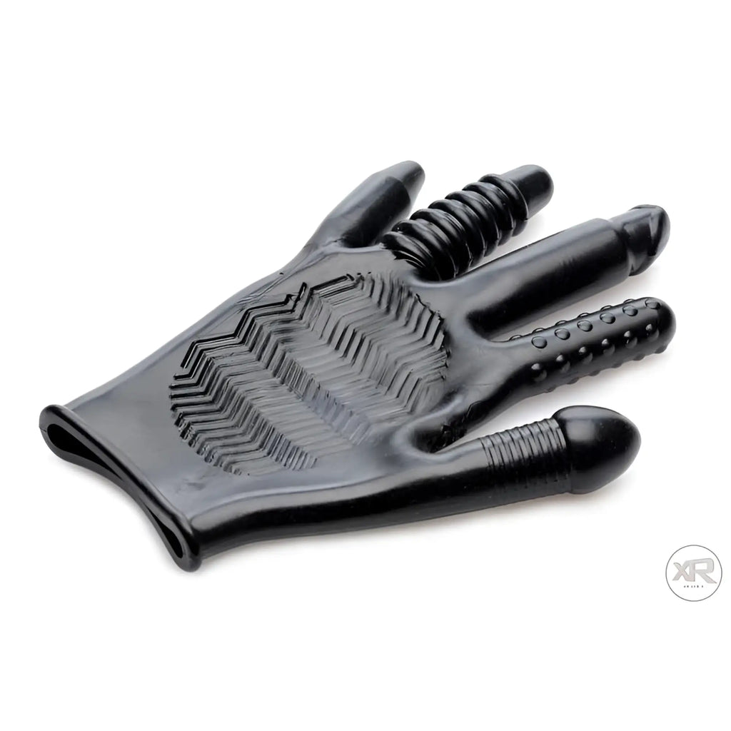 Master Series Pleasure Poker black textured glove featuring ridged, dotted, and phallic finger extensions.