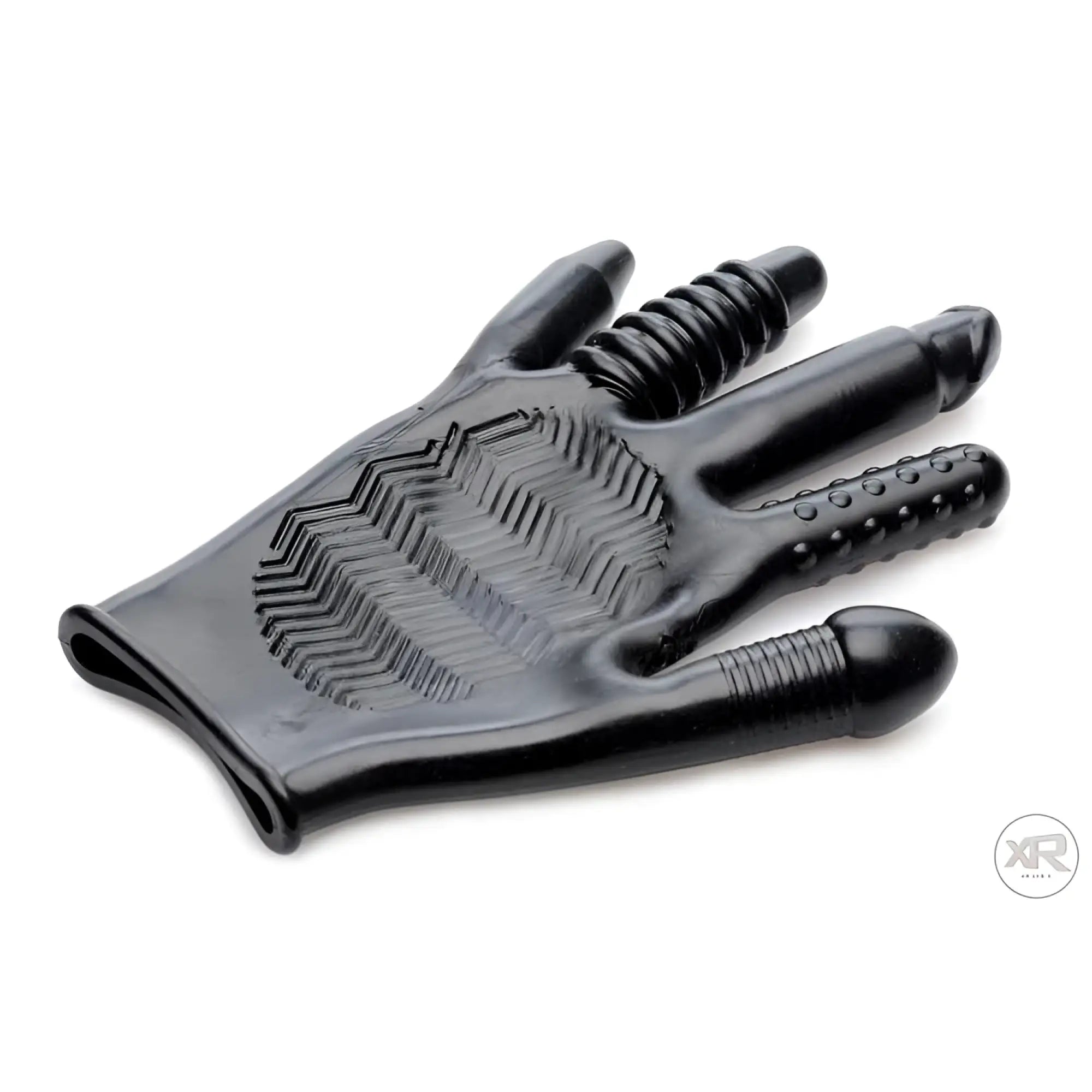 Master Series Pleasure Poker black textured glove featuring ridged, dotted, and phallic finger extensions.