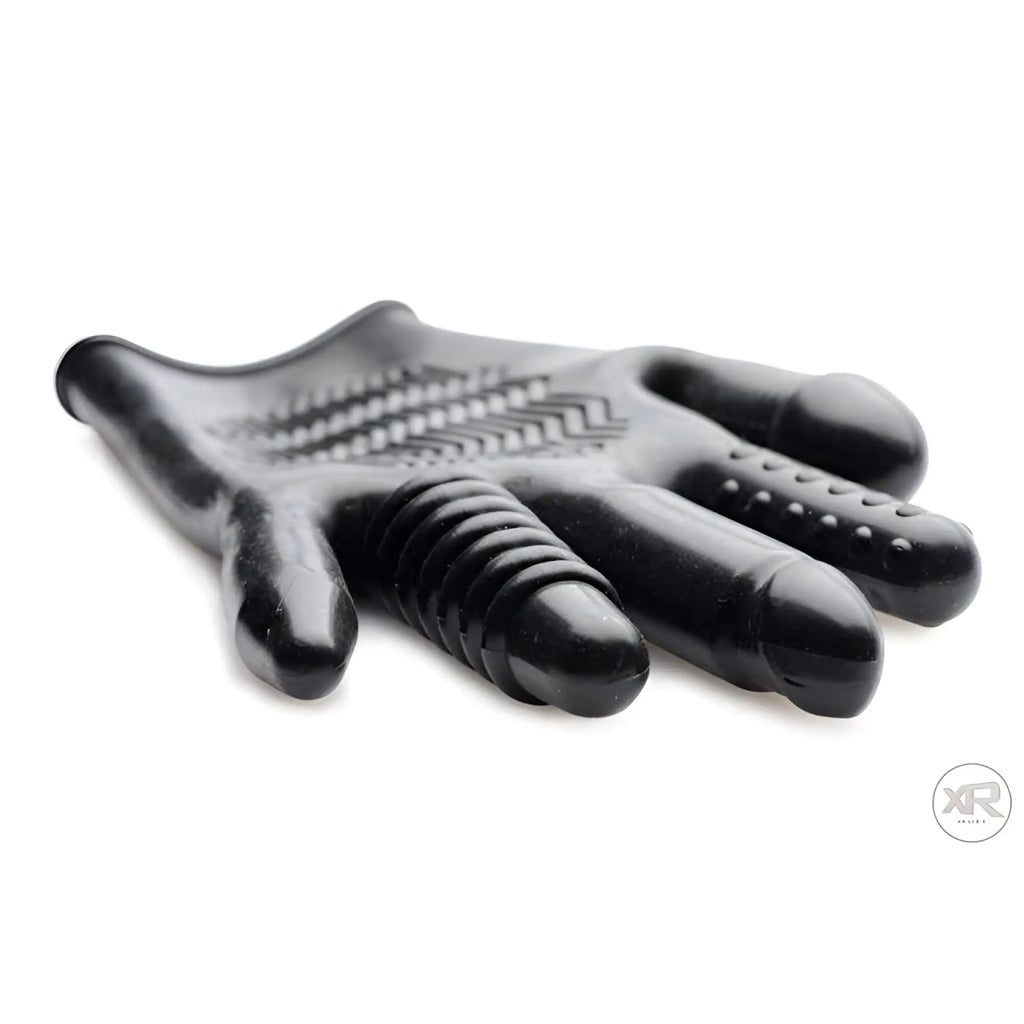 Master Series Pleasure Poker black textured glove featuring fingers with ribbed, dotted, and smooth surfaces.