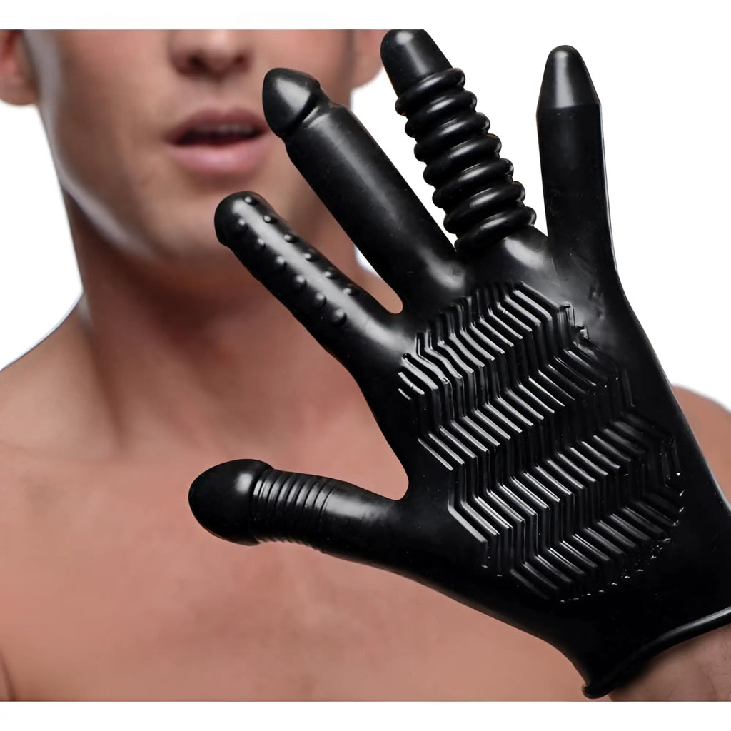 Master Series Pleasure Poker black textured glove featuring phallic-shaped fingers and a ridged palm grip.