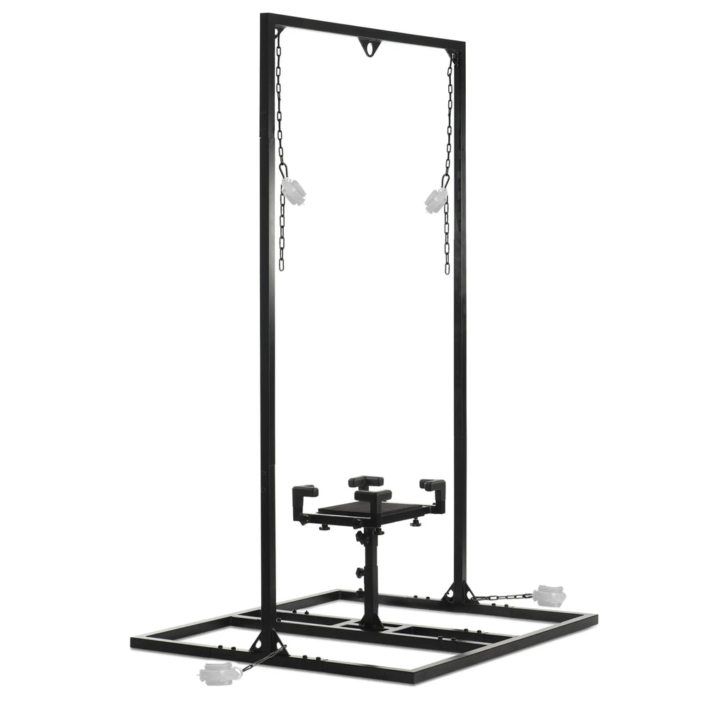 Master Series Pleasure Post Saddle Frame: A black steel standing frame with an adjustable seat, chains, and restraints.