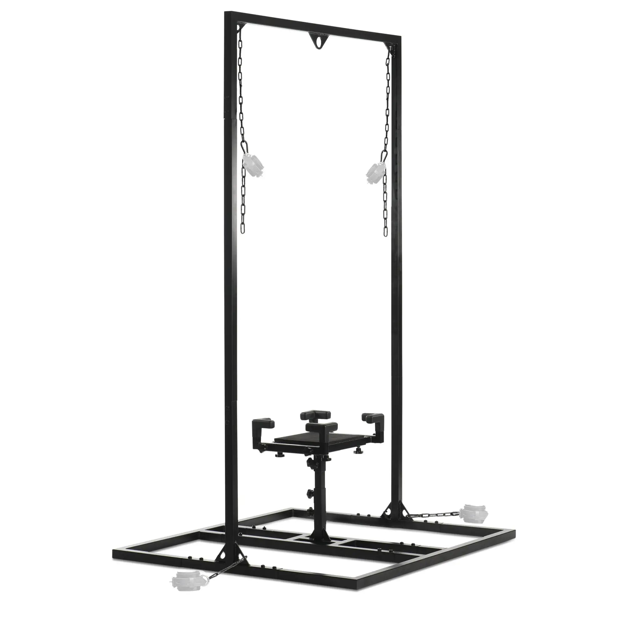 Master Series Pleasure Post Saddle Frame: A black steel standing frame with an adjustable seat, chains, and restraints.