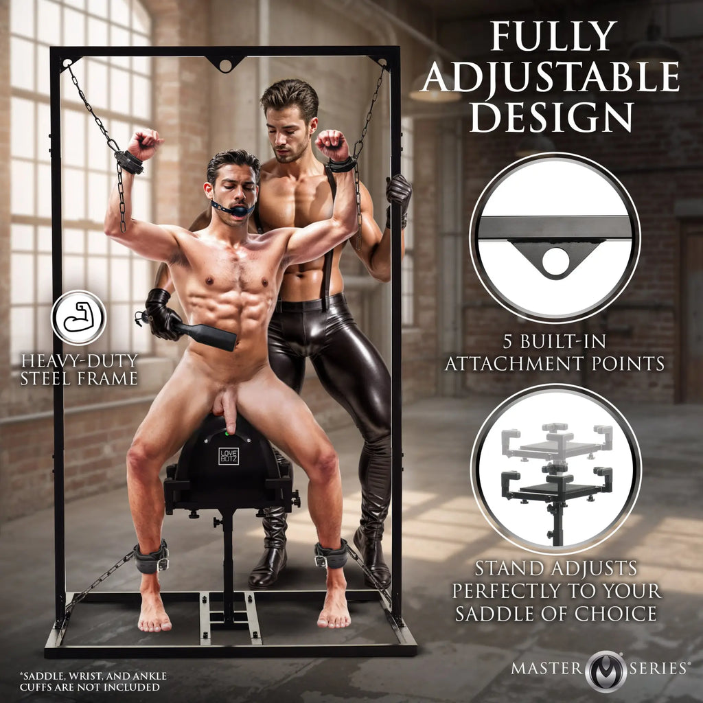 Master Series Pleasure Post Saddle Frame: A black steel frame featuring adjustable chains, attachment points, and base.