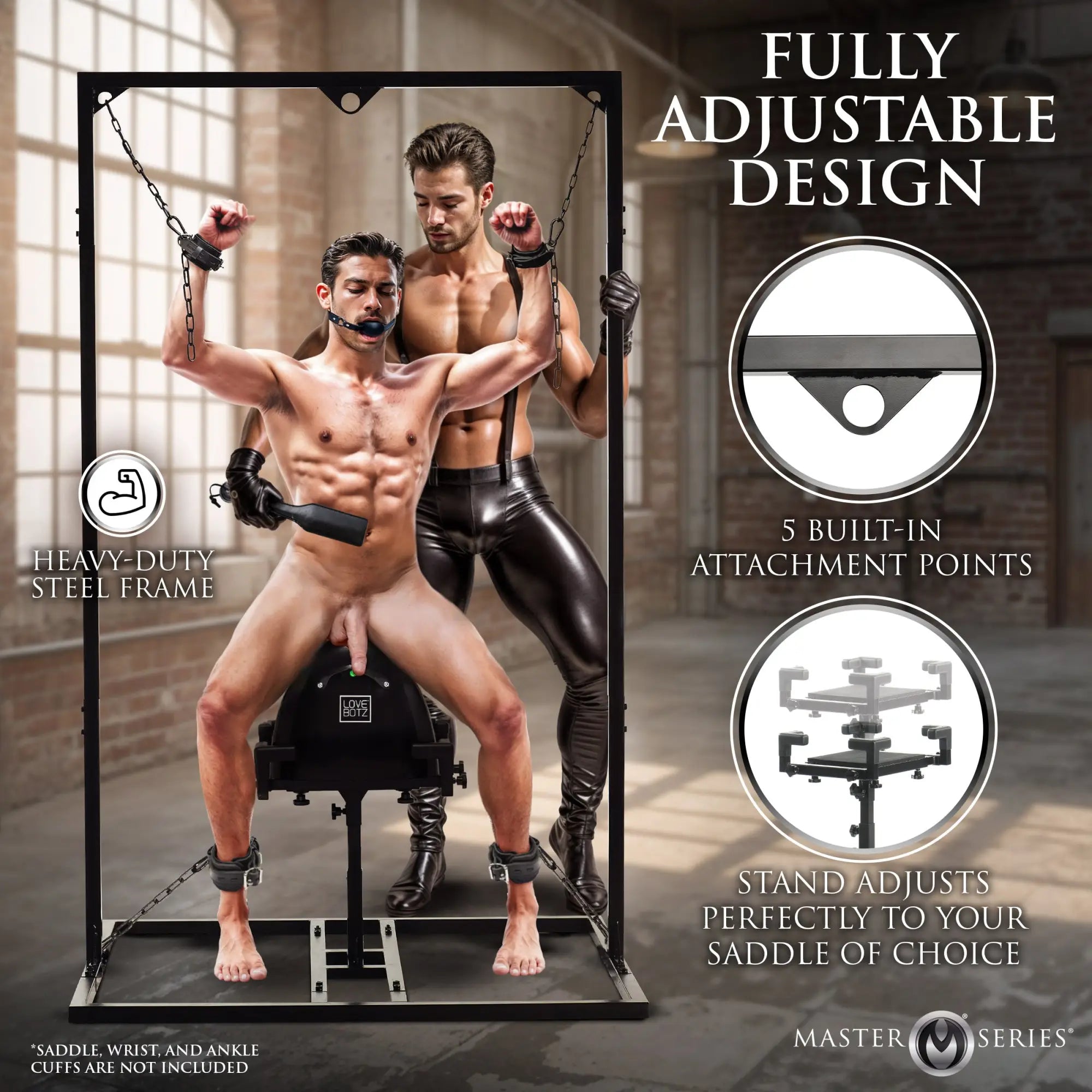 Master Series Pleasure Post Saddle Frame: A black steel frame featuring adjustable chains, attachment points, and base.