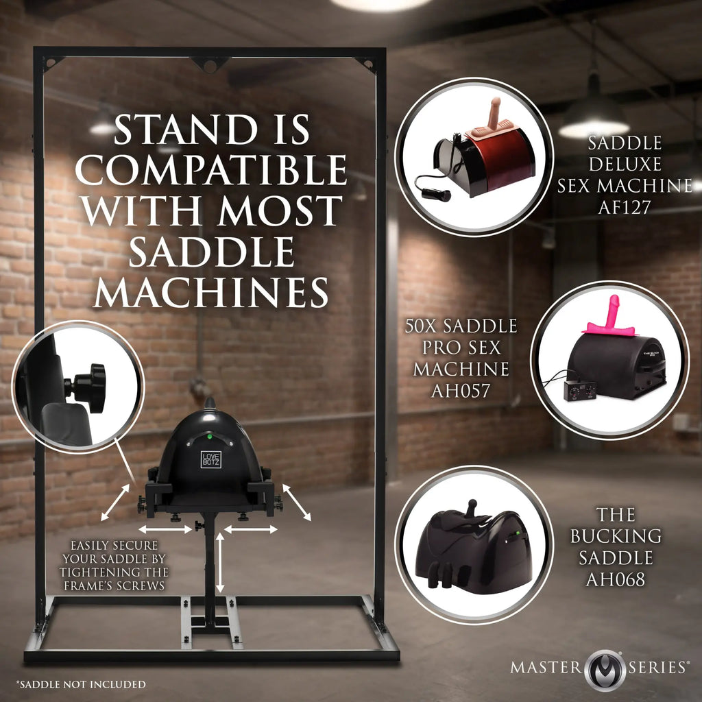 Master Series Pleasure Post, a black metal support frame for saddle machines, shown with three compatible models.