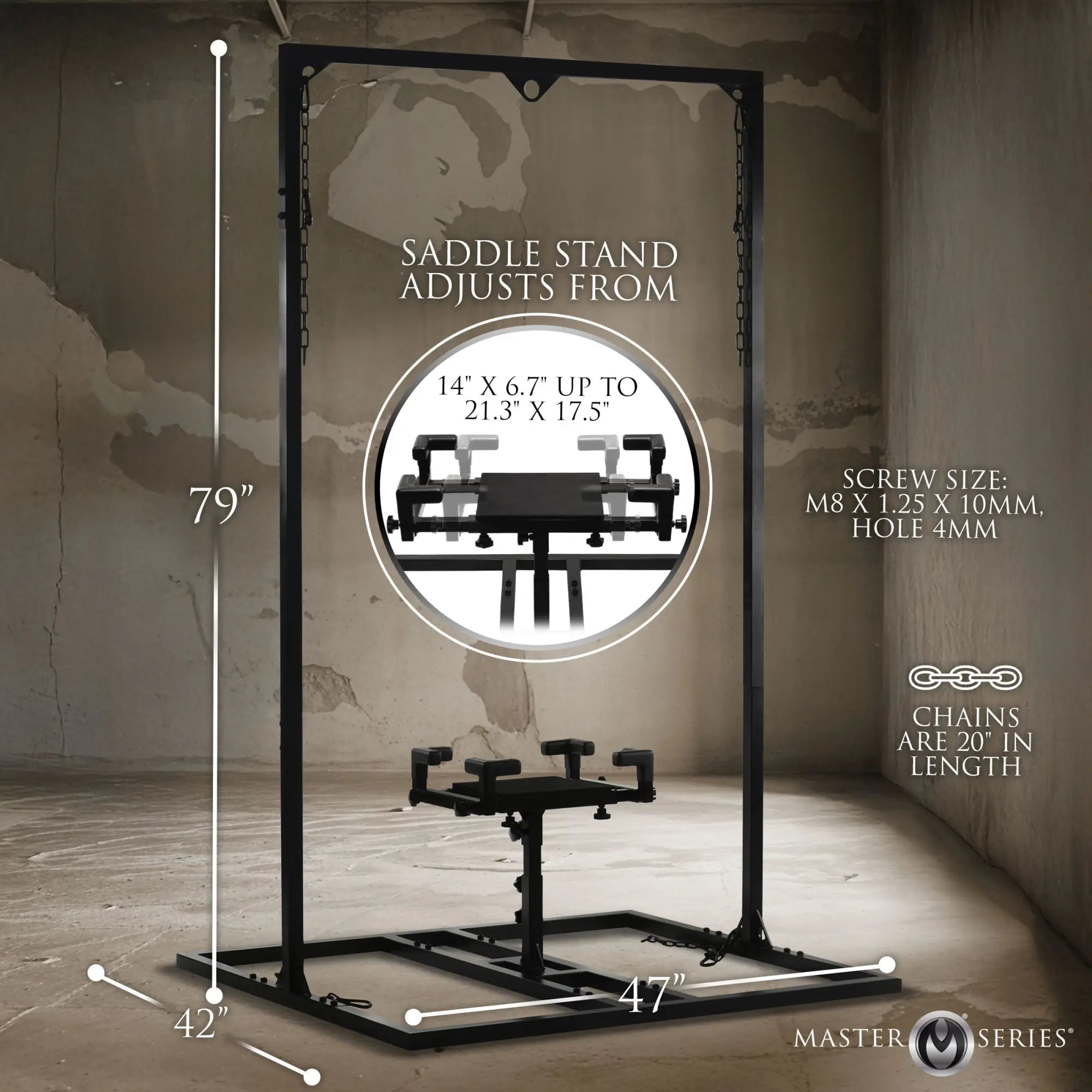 Black Master Series Pleasure Post saddle frame with height and width dimensions shown against a concrete backdrop.