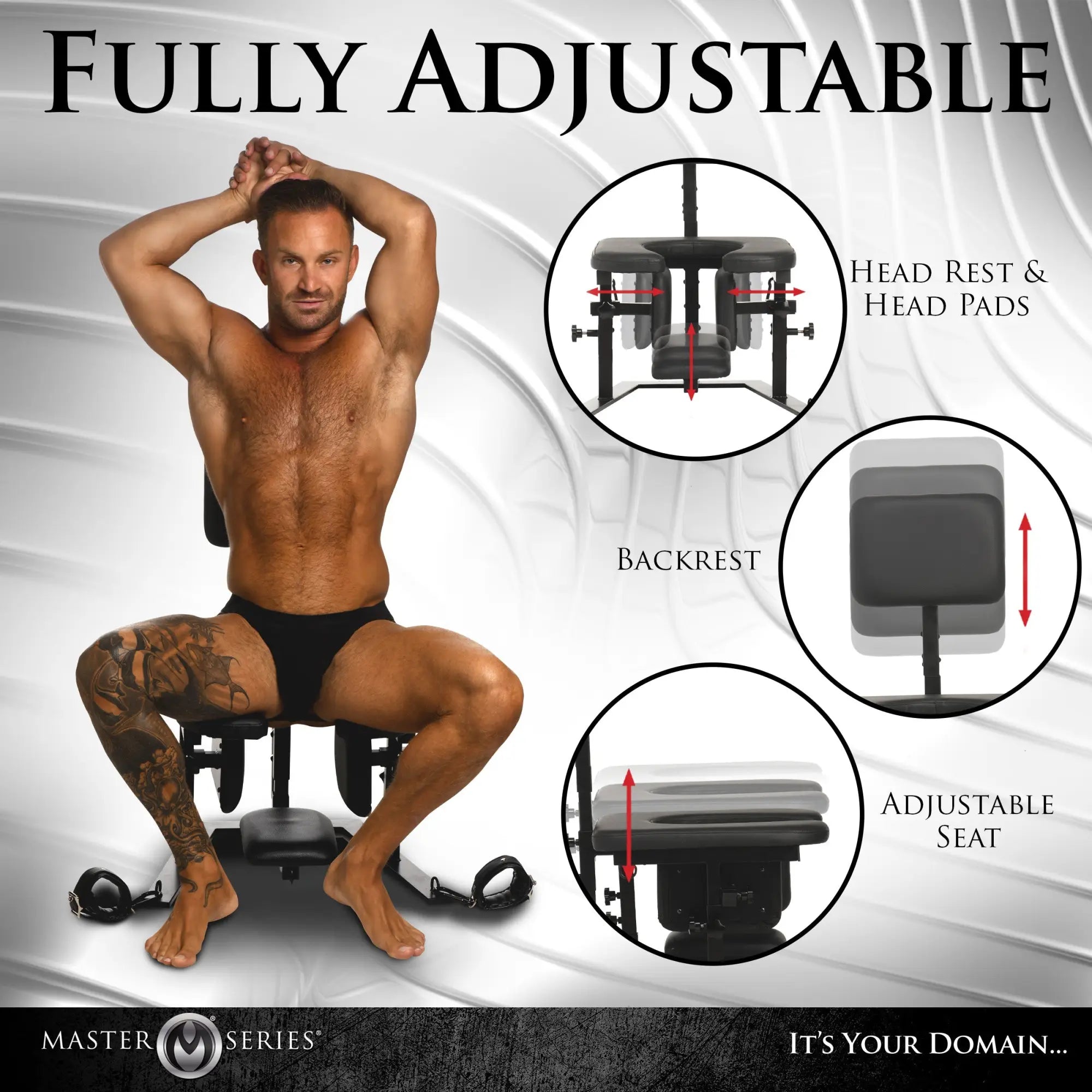 Master Series Pleasure Throne: black, adjustable oral sex chair with headrest, backrest, and seat height adjustment.