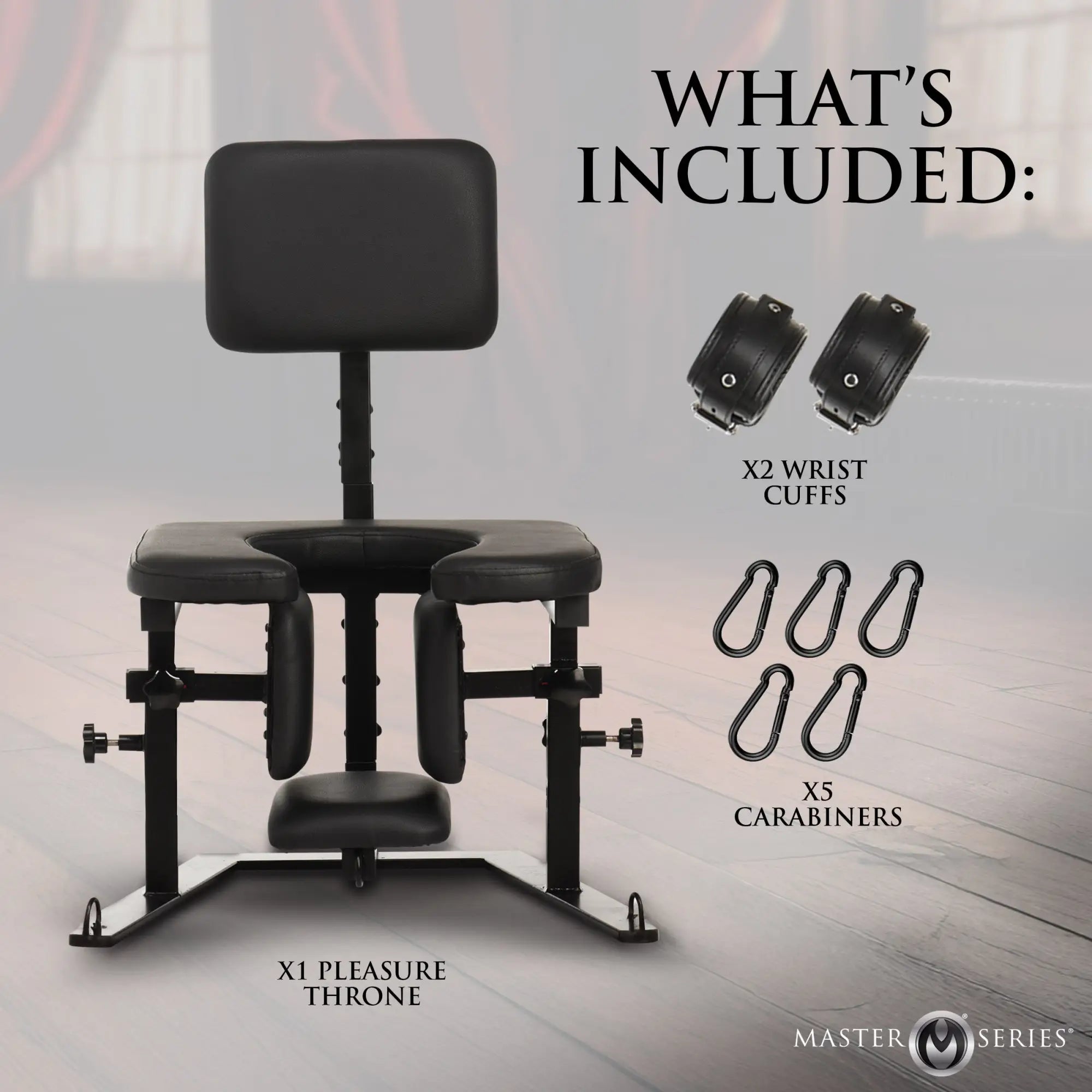 Master Series Pleasure Throne: A black, adjustable metal chair with padded cushions, two wrist cuffs, and five carabiners.