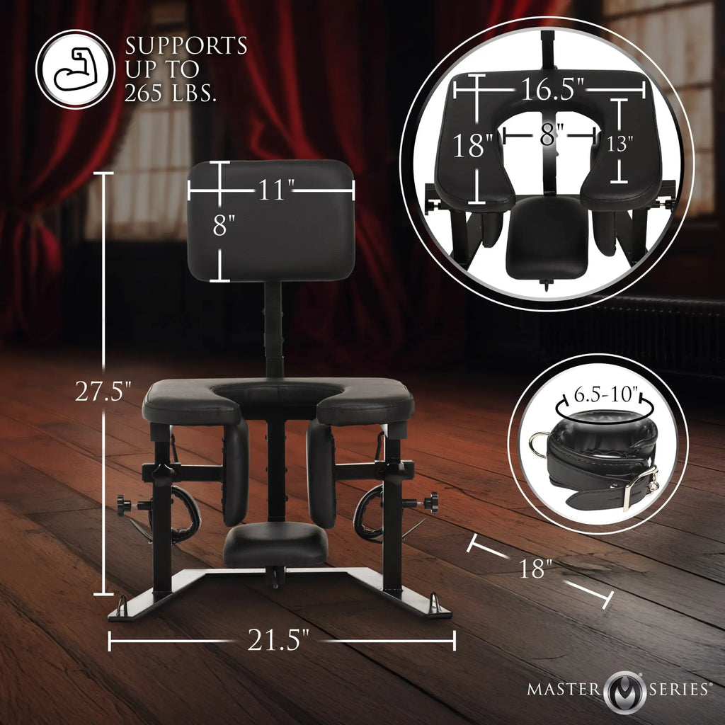 Master Series Pleasure Throne: A black, adjustable oral sex chair with measurements and included leg restraints.