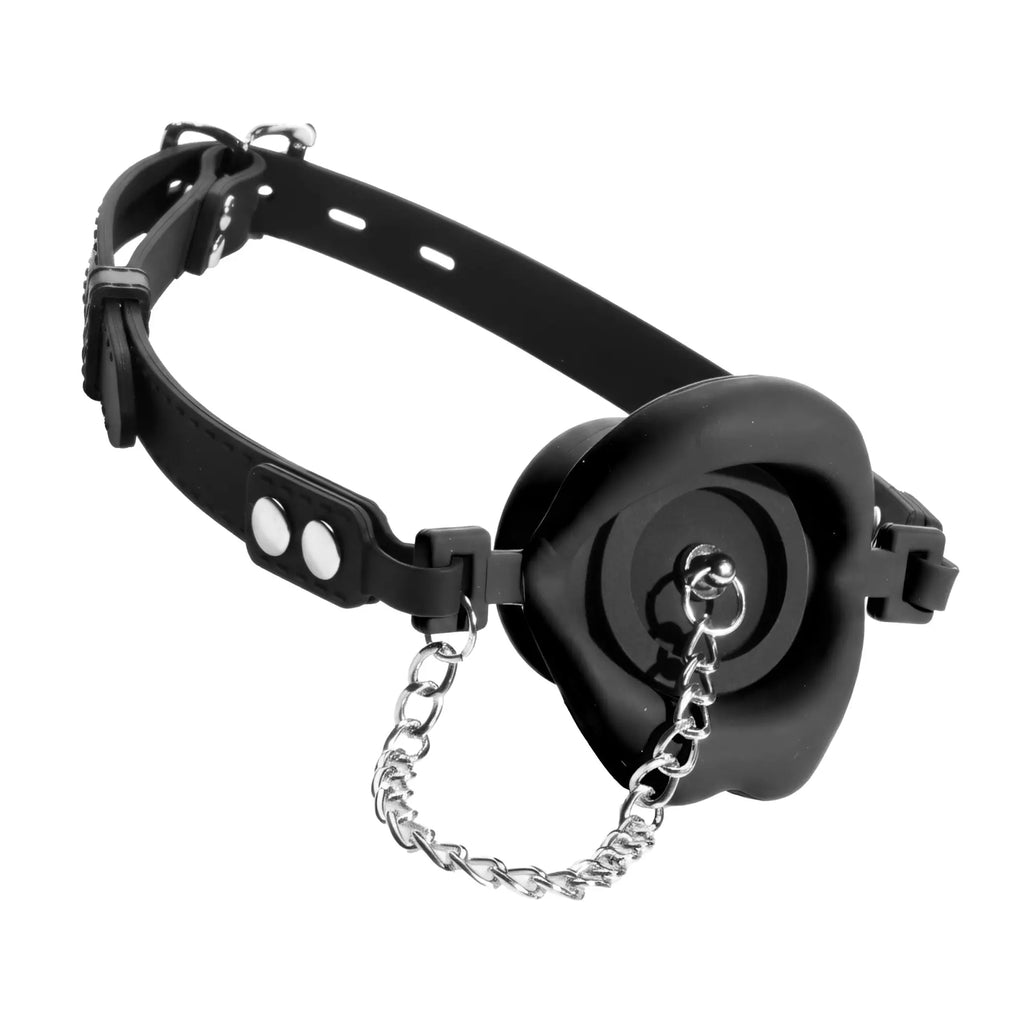 Master Series black silicone feeding gag with an adjustable strap, mouth plate, and a silver-tone metal chain.