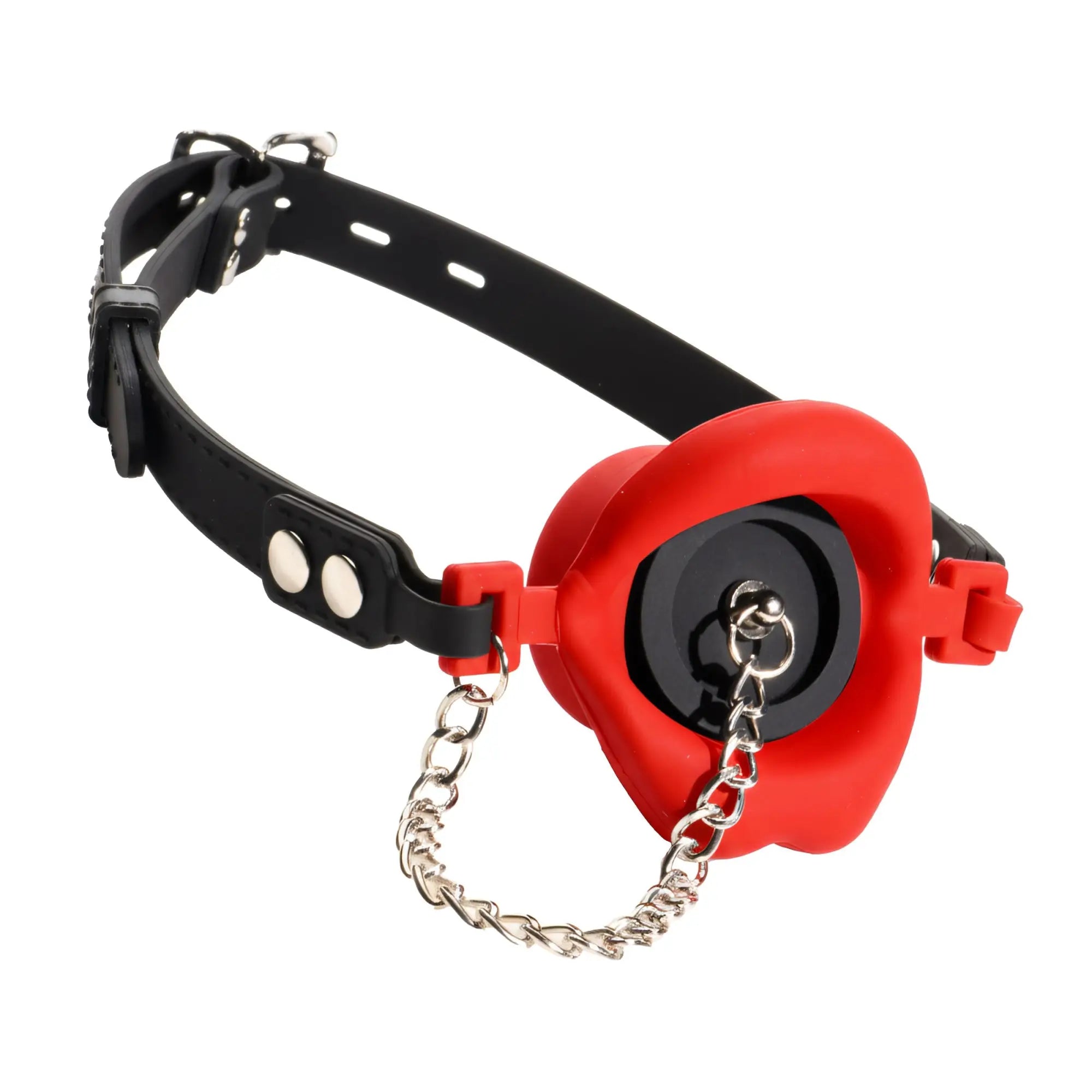 Master Series Plugged Silicone Feeding Gag: red silicone lip-shaped mouth gag with a black plug and silver chain.