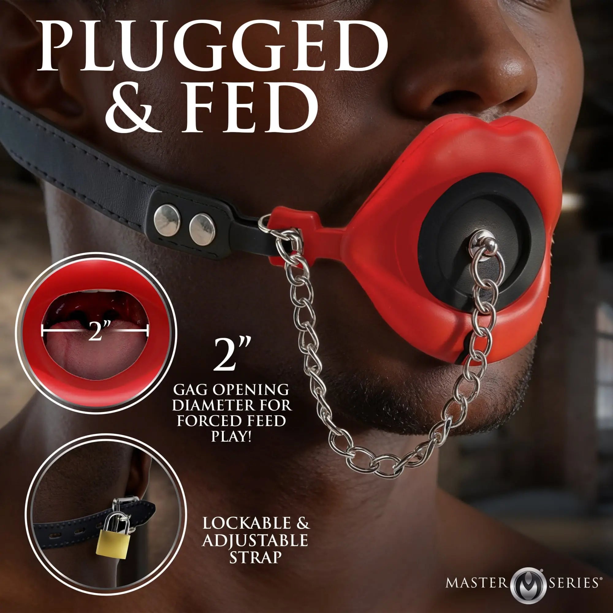 Master Series Plugged Silicone Feeding Gag: Red lip-shaped silicone gag with chain, black strap, and 2-inch opening.
