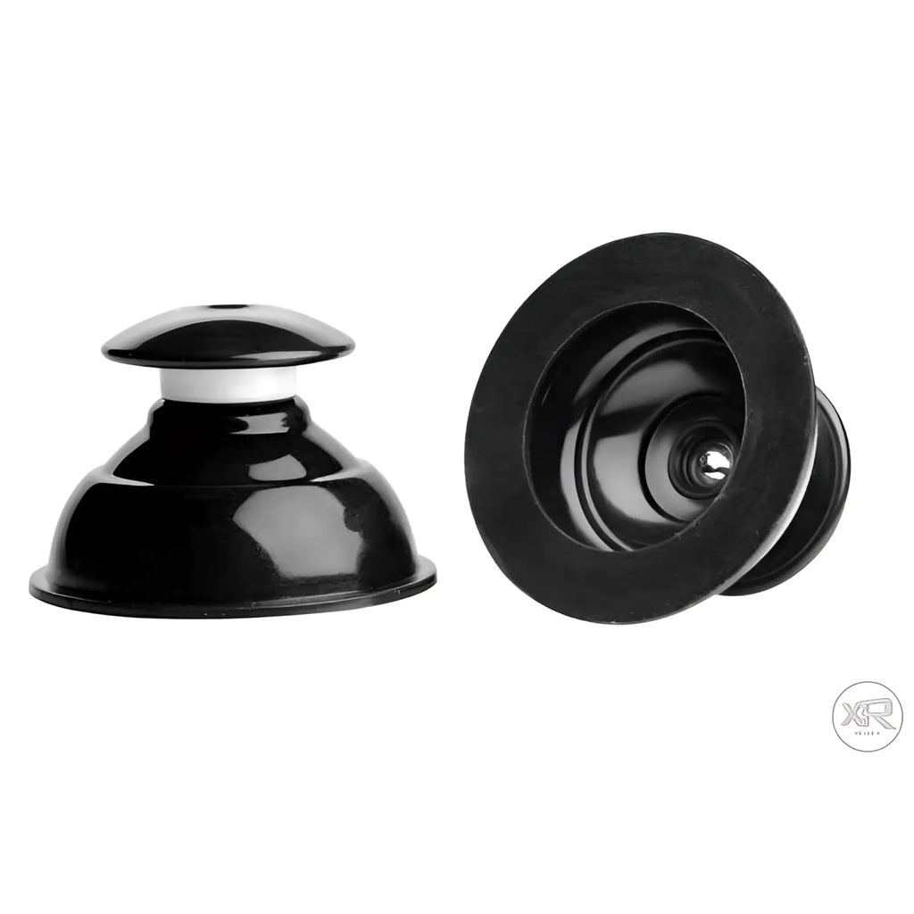 Master Series Plungers: Two glossy black silicone nipple suckers with a wide base, shown from side and bottom angles.