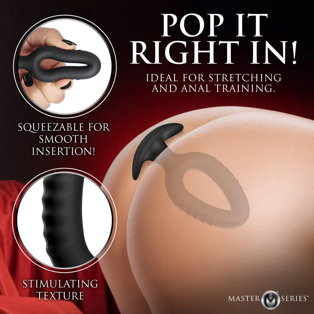 Master Series Pop Plugs: 3 black, squeezable, textured hollow silicone anal trainers shown in use and close-up.
