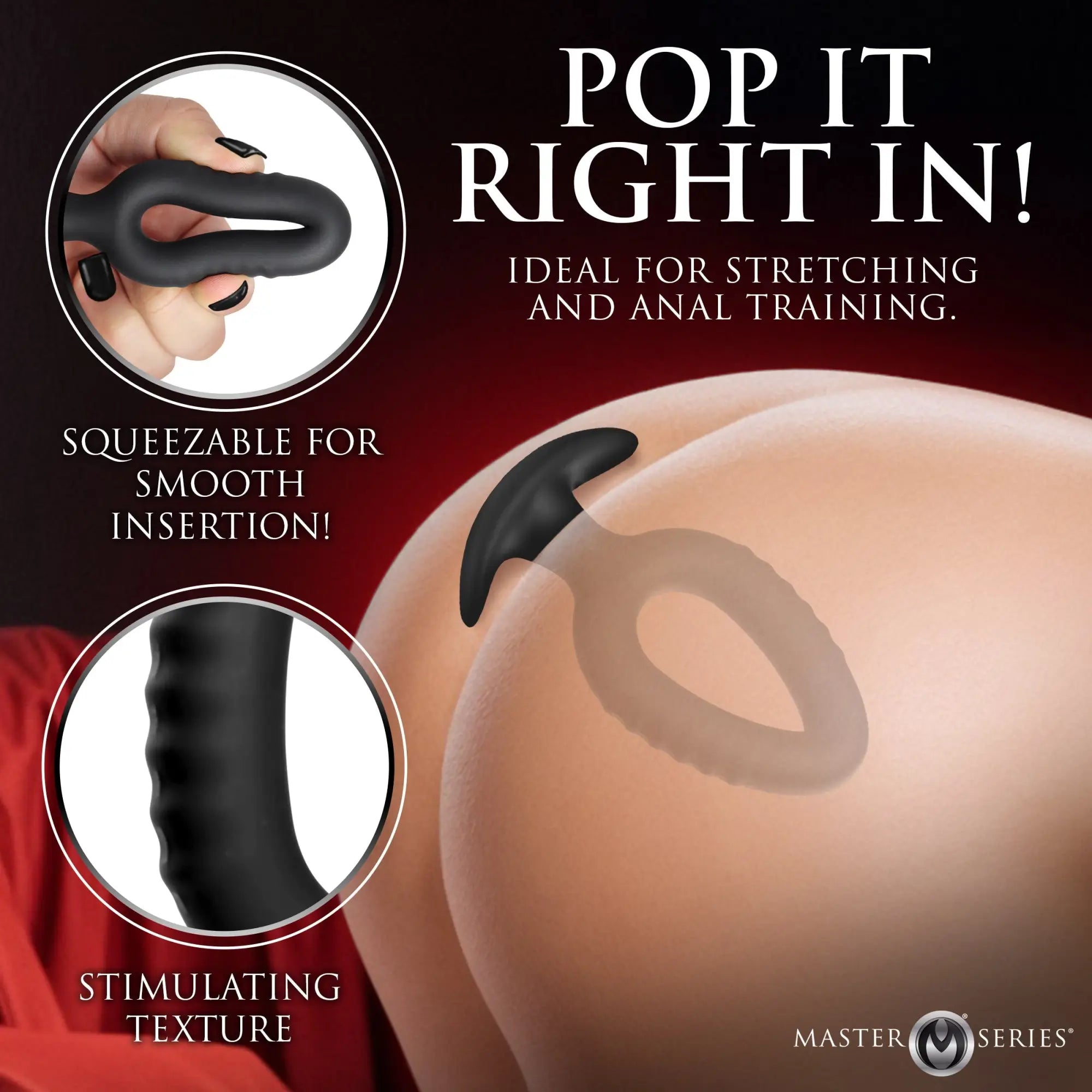 Master Series Pop Plugs: 3 black, squeezable, textured hollow silicone anal trainers shown in use and close-up.