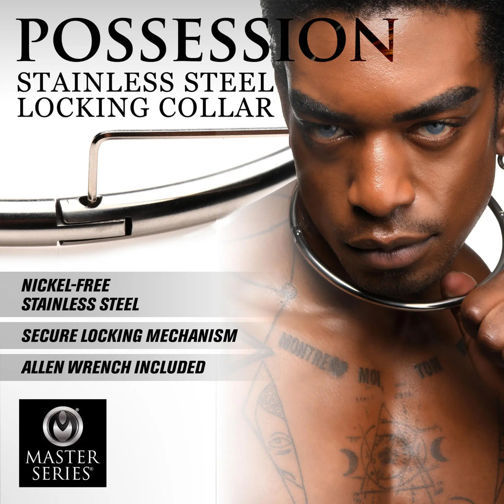 Master Series Possession stainless steel locking collar being adjusted with an included Allen wrench on a model.