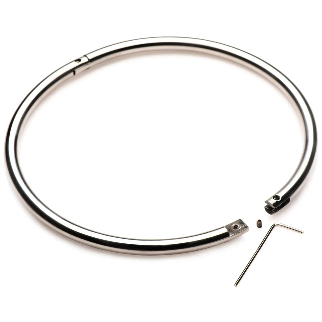 Master Series Possession stainless steel locking collar, a silver, circular neck ring with a hex key and screw.