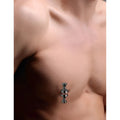 Master Series Power Pins: A sleek, silver-toned magnetic nipple clamp worn on a person's chest.