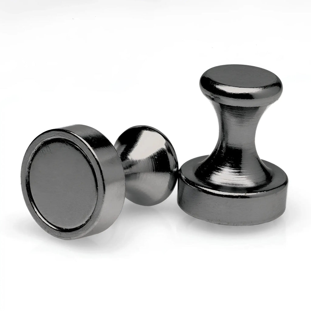 Two metallic gunmetal-colored Master Series Power Pins magnetic clamps shown from side and front angles.