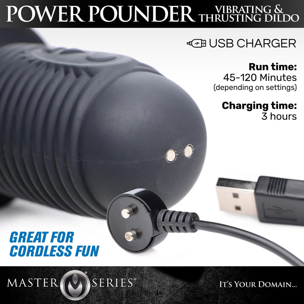 Master Series Power Pounder black ribbed silicone dildo shown with its magnetic USB charging cable.