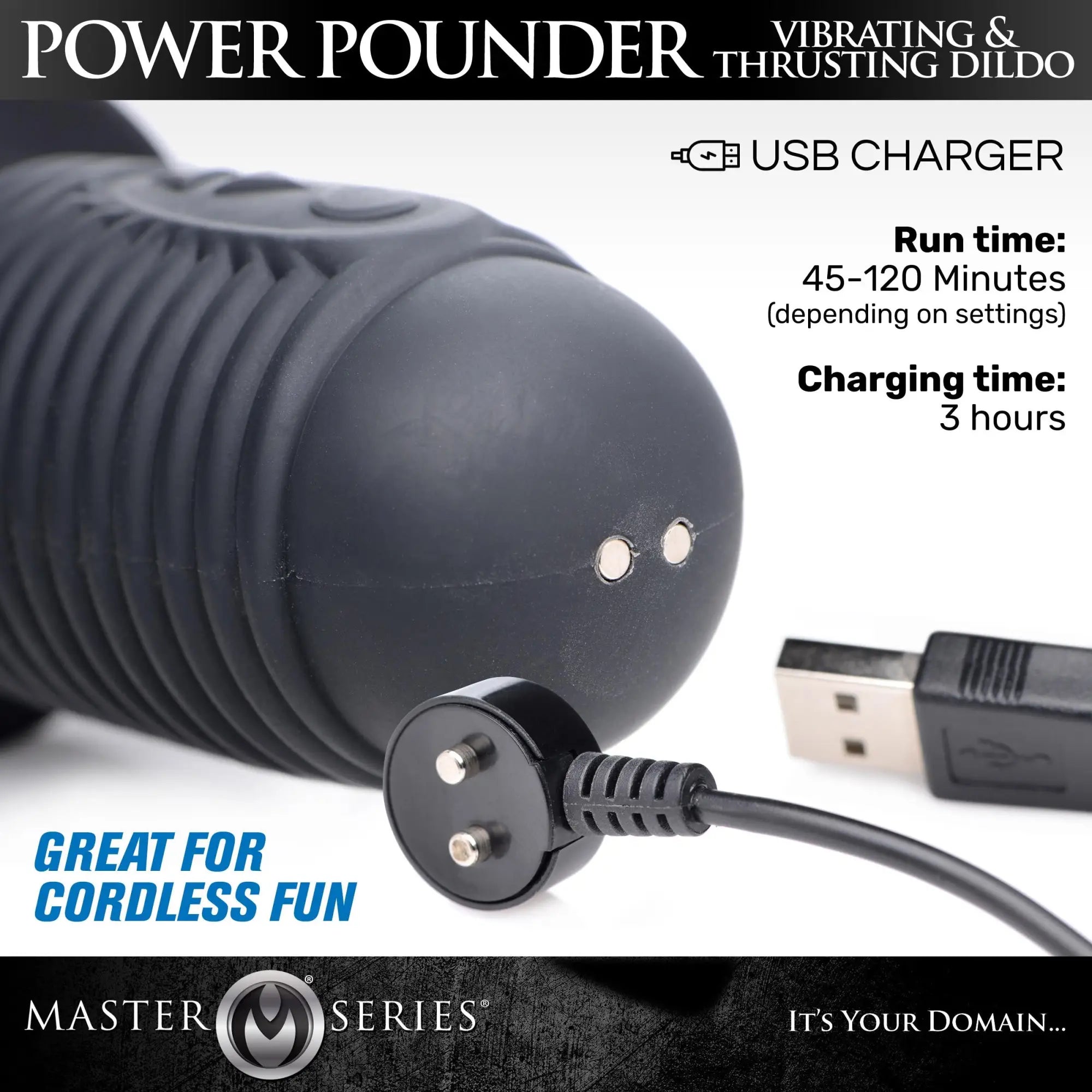 Master Series Power Pounder black ribbed silicone dildo shown with its magnetic USB charging cable.