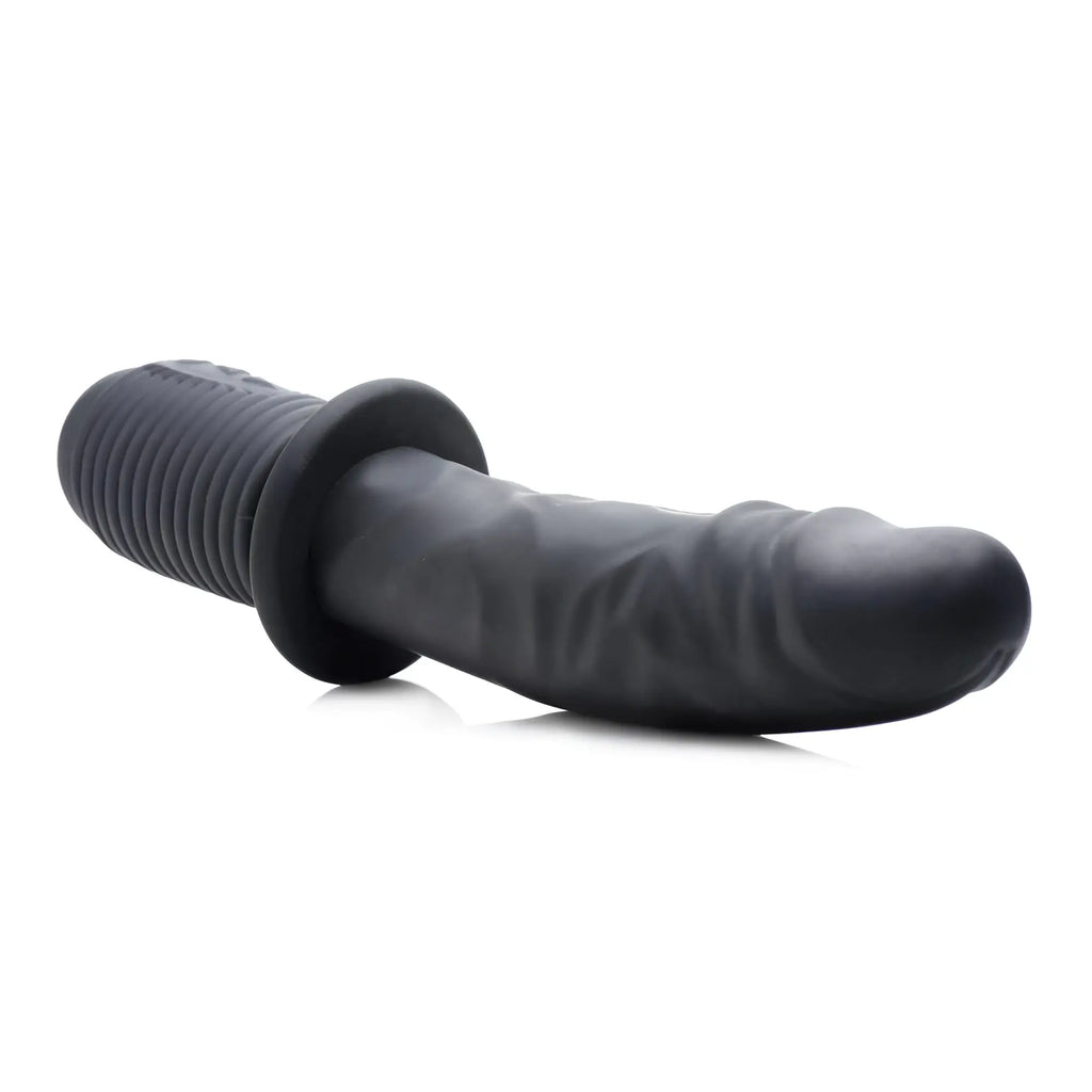 Master Series Power Pounder: Black silicone dildo with a realistic, veined shaft and a ribbed, thick-handled base.