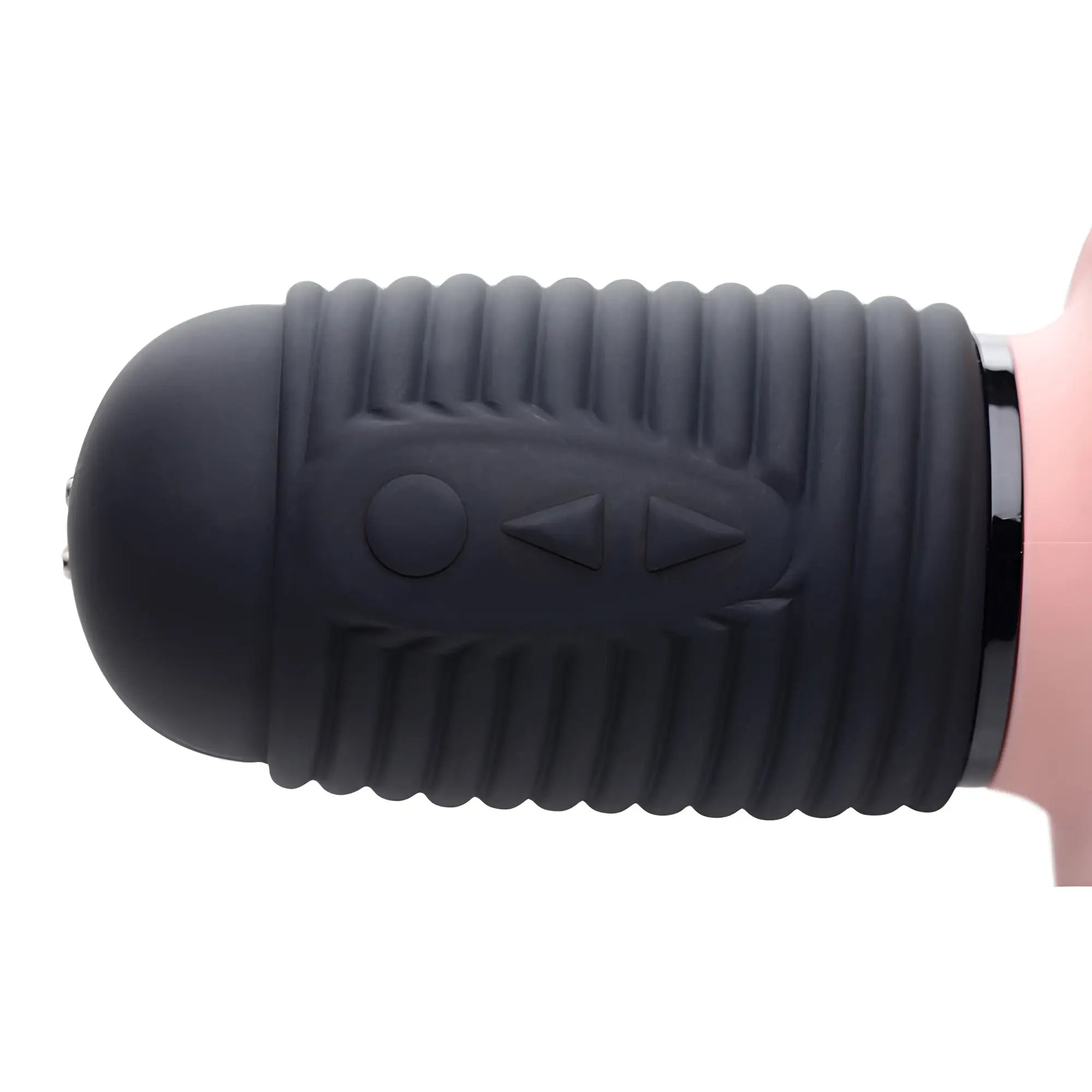 Master Series Power Pounder dildo: black ribbed silicone base with integrated button controls, set against a pink body.