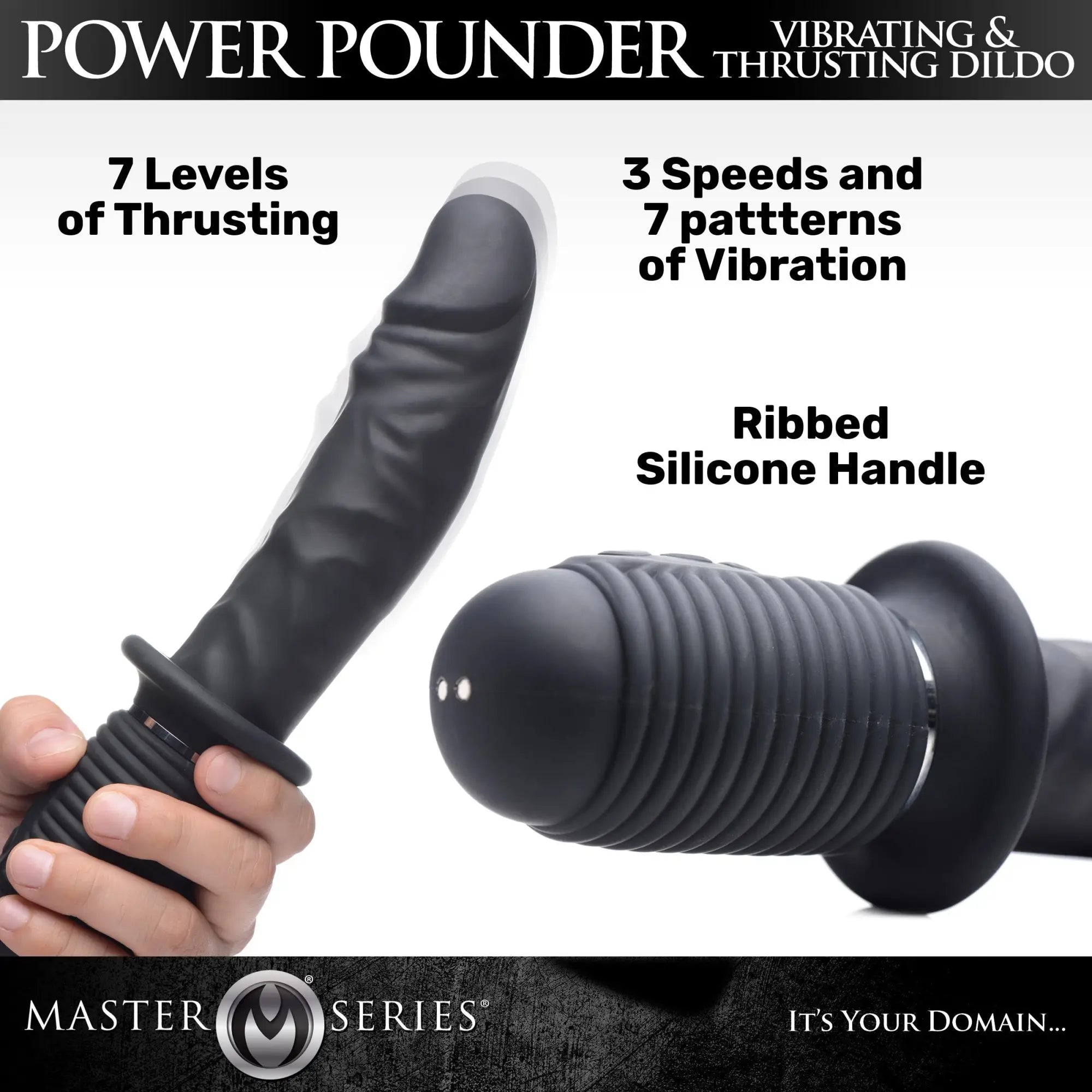 Master Series Power Pounder: Black vibrating and thrusting silicone dildo with a ribbed handle shown in a hand.