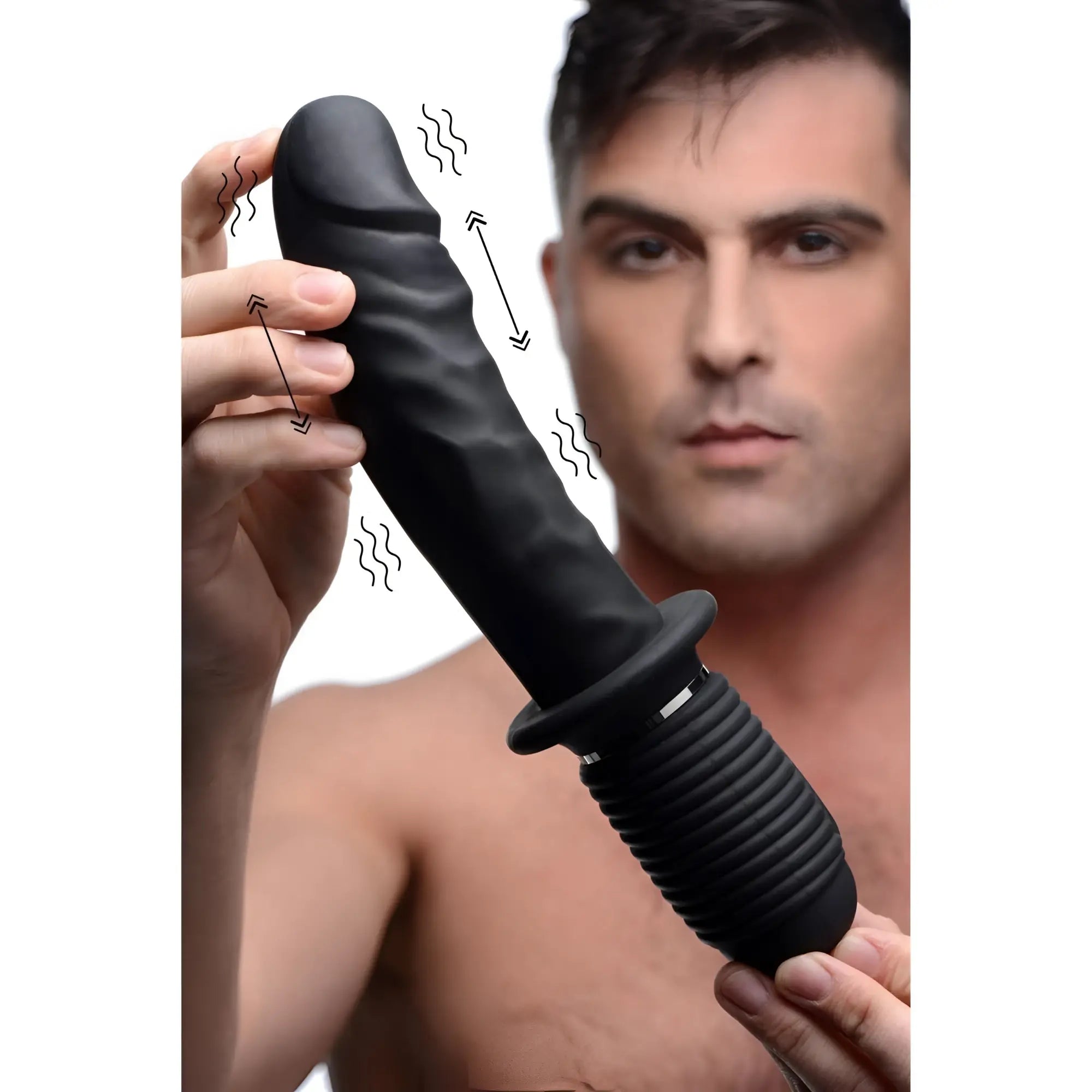 Master Series black silicone Power Pounder dildo held by a man, featuring textured shaft, base, and motion indicators.