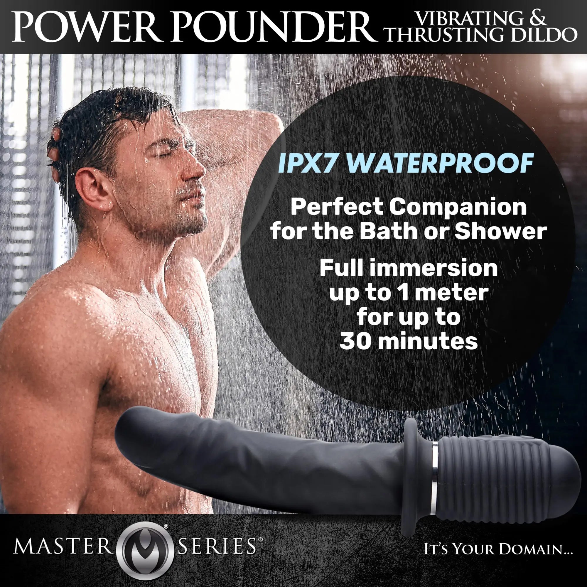 Master Series black silicone vibrating and thrusting dildo shown in front of a man showering in a waterproof ad.