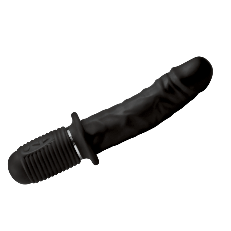 Black Master Series Power Pounder silicone dildo with a textured shaft, flared base, and ribbed handle.