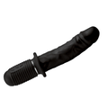Black Master Series Power Pounder silicone dildo with a textured shaft, flared base, and ribbed handle.