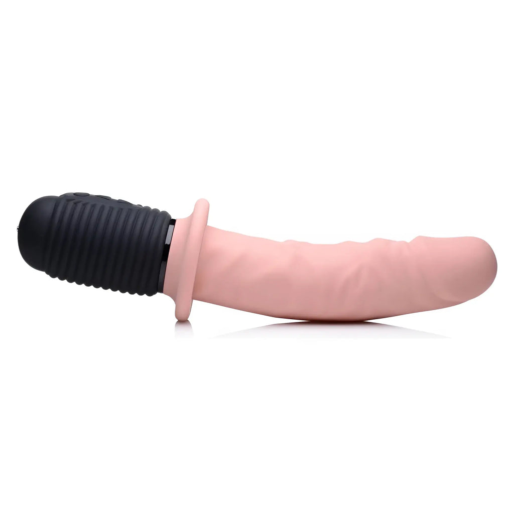 Master Series Power Pounder: A pink, textured silicone dildo with a black, ribbed motor base and integrated collar.