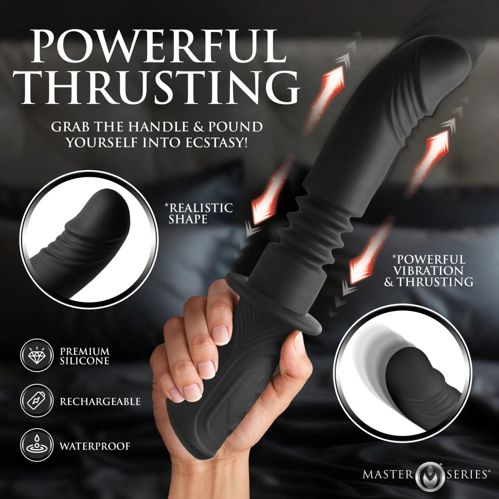Master Series Power Thrust black silicone vibrator held in hand, featuring realistic design, thrusting, and vibration.