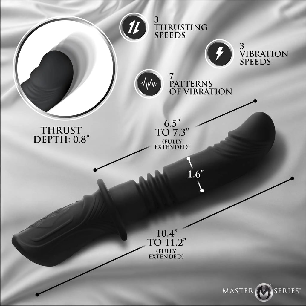 Black Master Series Power Thrust silicone vibrator with text callouts detailing features and dimensions.