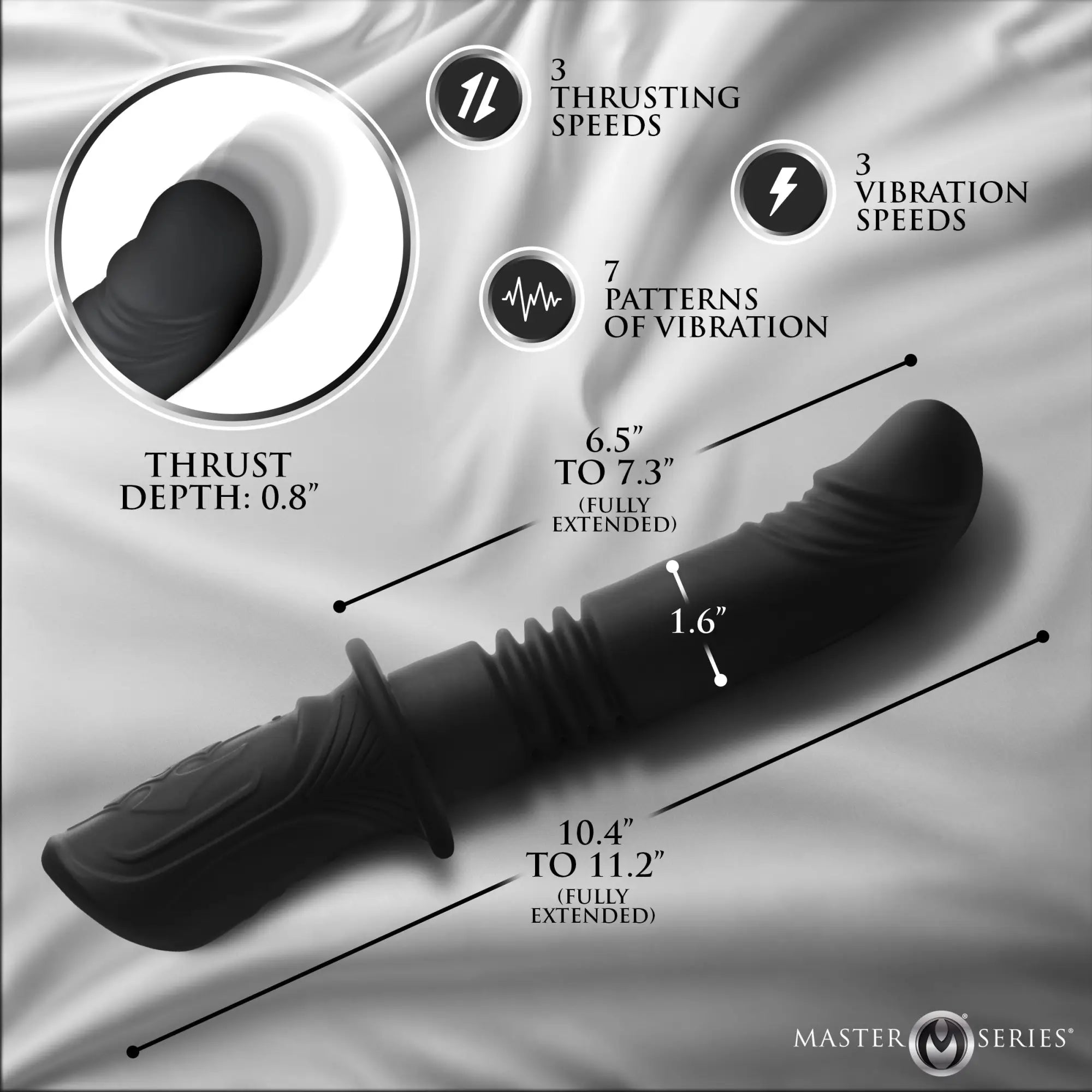 Black Master Series Power Thrust silicone vibrator with text callouts detailing features and dimensions.