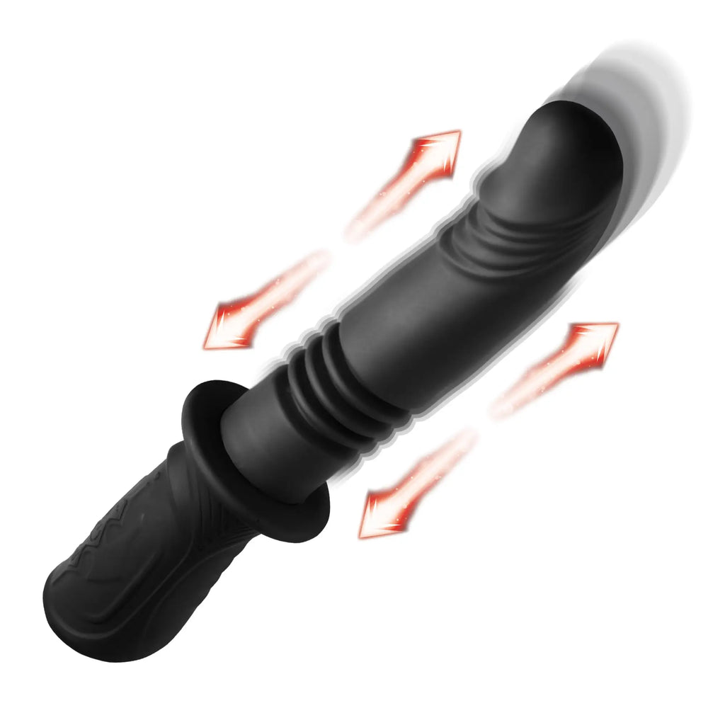 Master Series Power Thrust black silicone vibrator with a phallic, textured shaft and motion-blur thrusting effect.