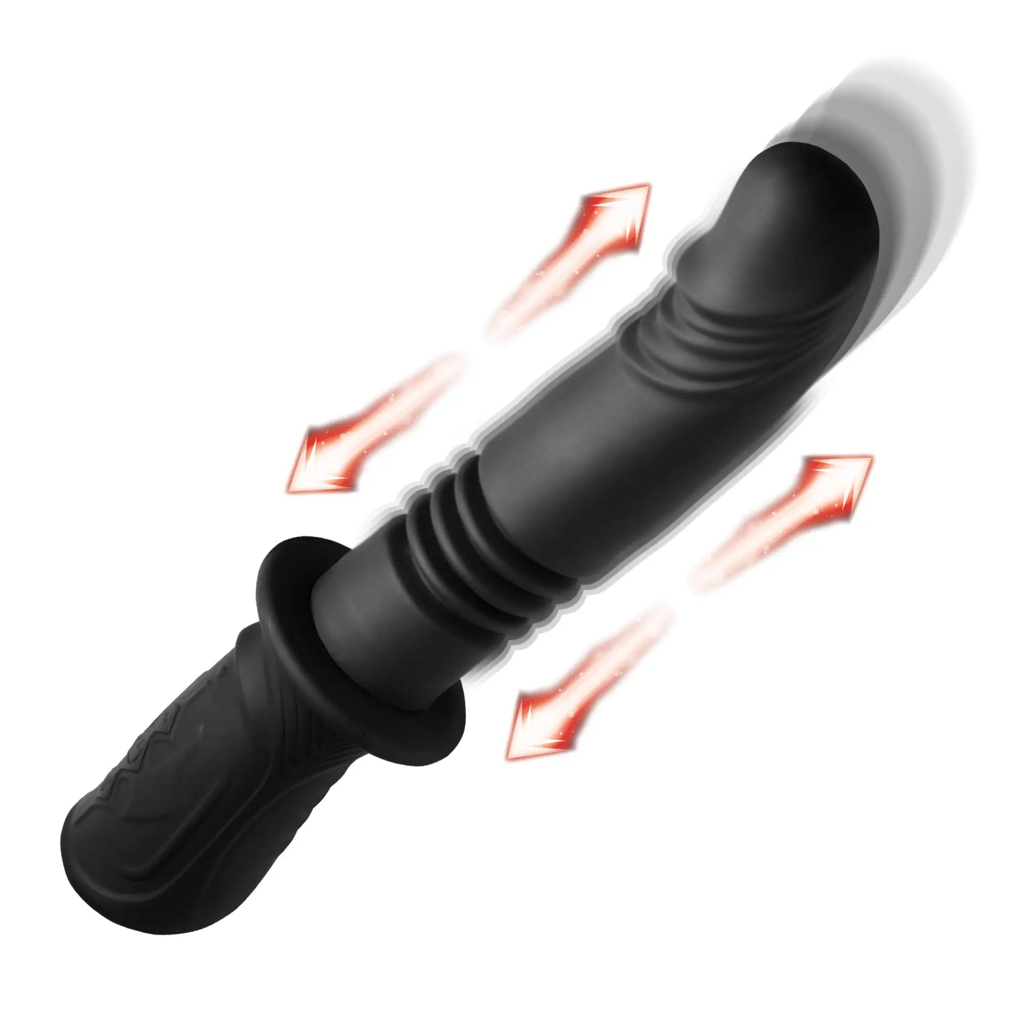 Master Series Power Thrust black silicone vibrator with a phallic, textured shaft and motion-blur thrusting effect.
