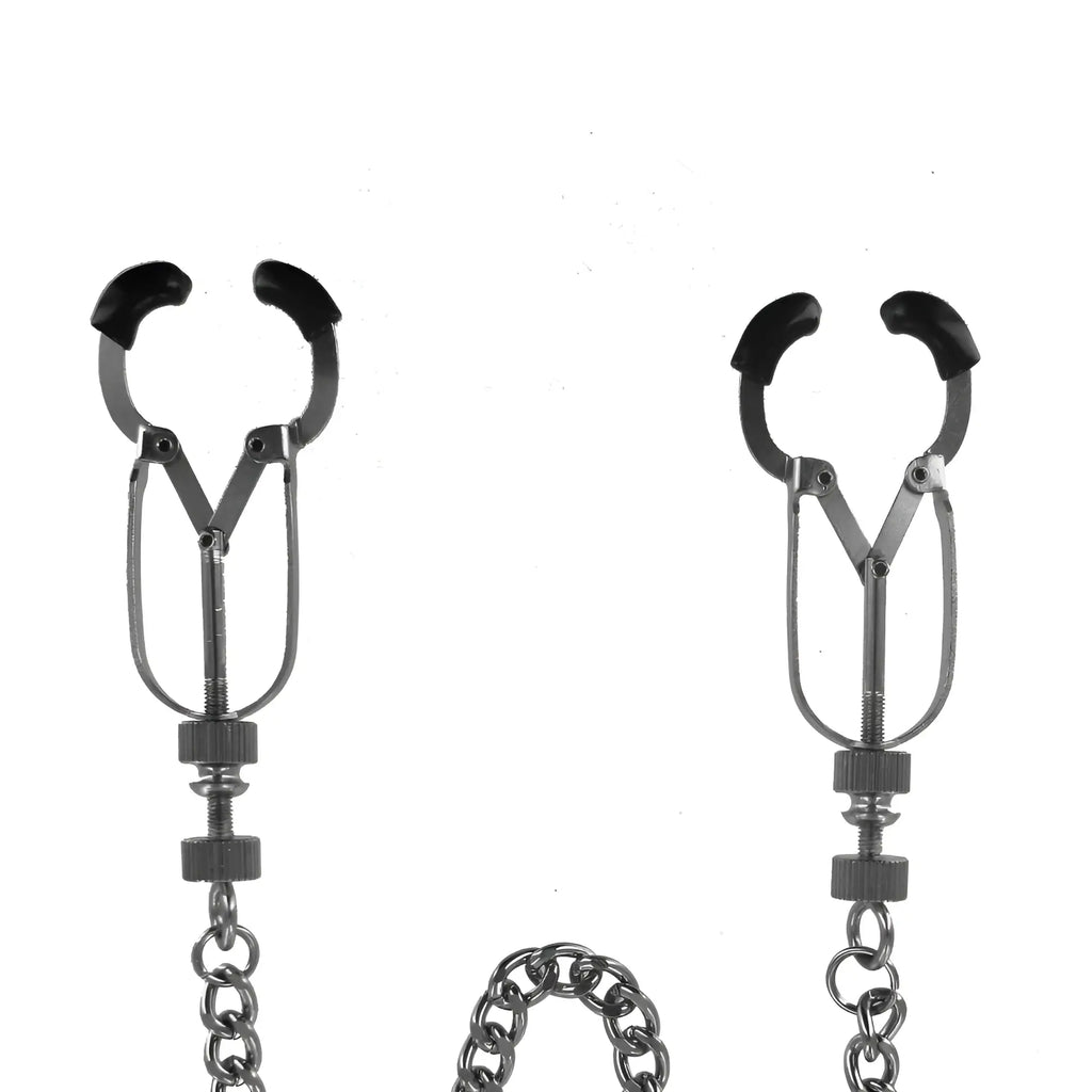 Master Series Precision Nipple Pincers: Silver metal adjustable clamps with black silicone tips, connected by a chain.