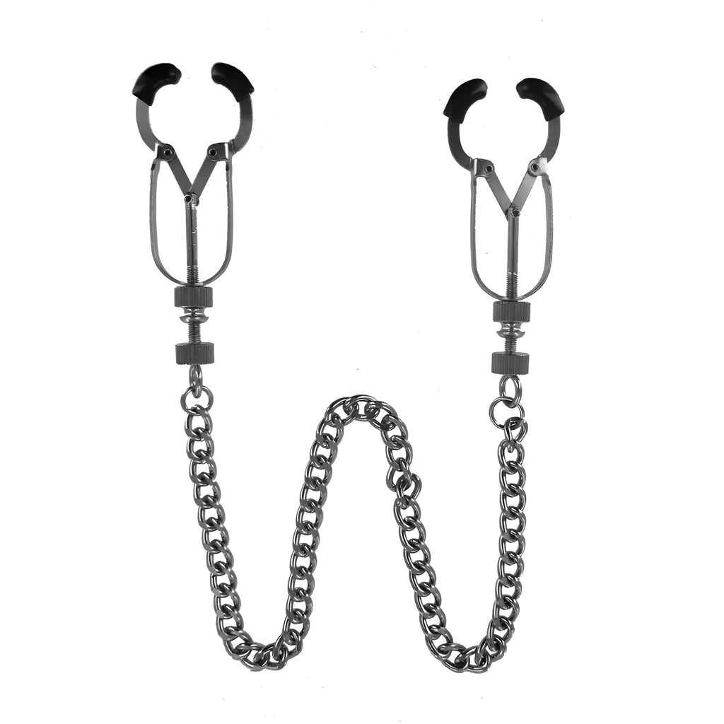 Master Series Precision Nipple Pincers: Silver metal clamps with black rubber tips connected by a silver metal chain.