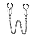 Master Series Precision Nipple Pincers: Silver metal clamps with black rubber tips connected by a silver metal chain.