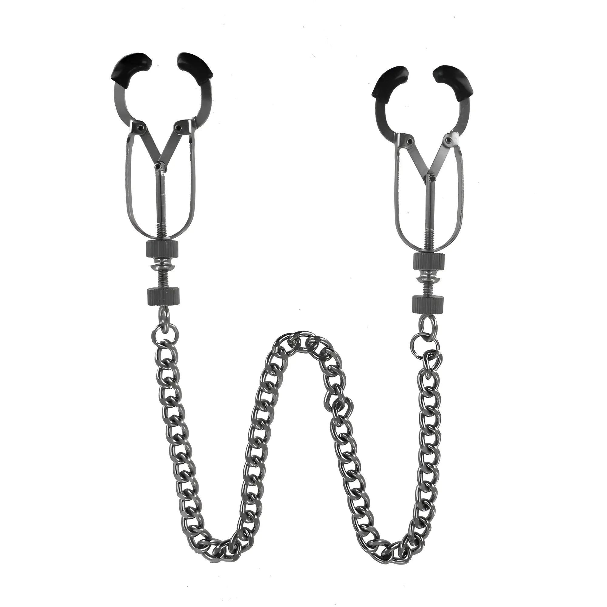 Master Series Precision Nipple Pincers: Silver metal clamps with black rubber tips connected by a silver metal chain.
