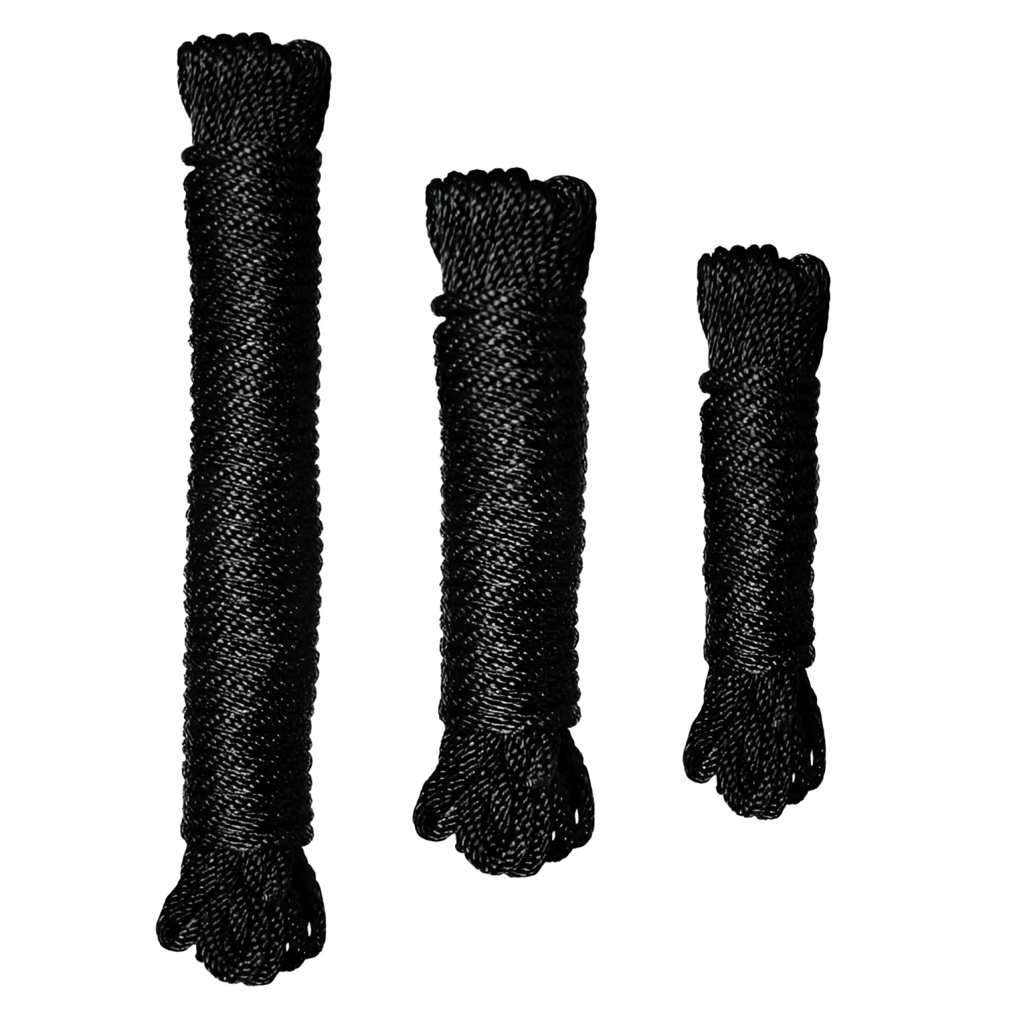 Three coils of Master Series Premium black nylon bondage rope, shown in descending lengths against a white background.