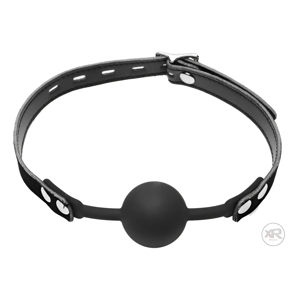 Master Series Premium Hush Locking Silicone Ball Gag: A black, adjustable strap with a centered, matte silicone sphere.