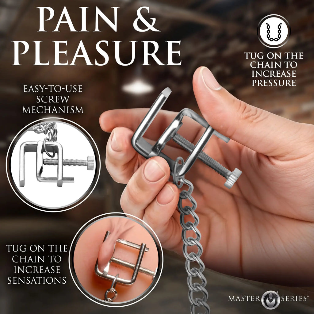 Master Series Pressure Vice Nipple Clamps: A silver metal, screw-mechanism clamp with a chain, held in a hand.