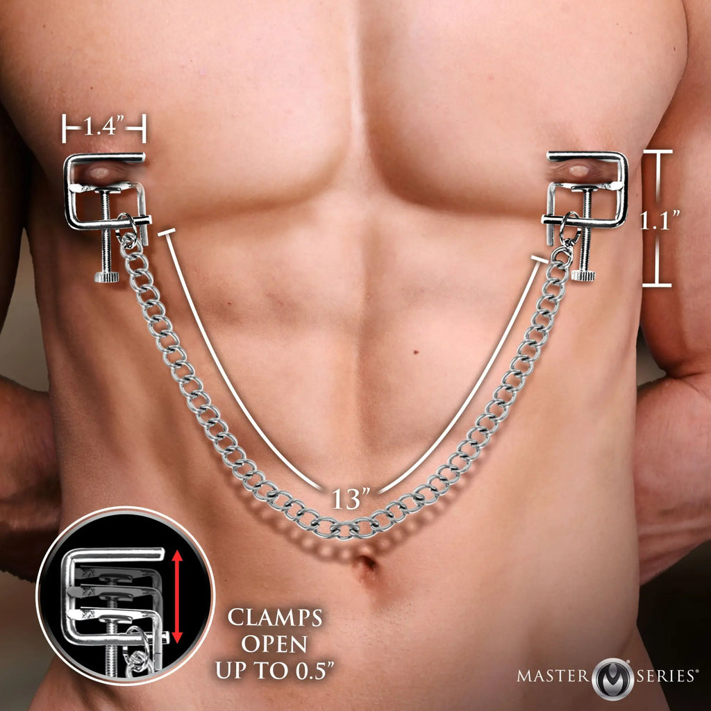Master Series metal pressure vice nipple clamps with a connecting chain shown on a male chest with size dimensions.