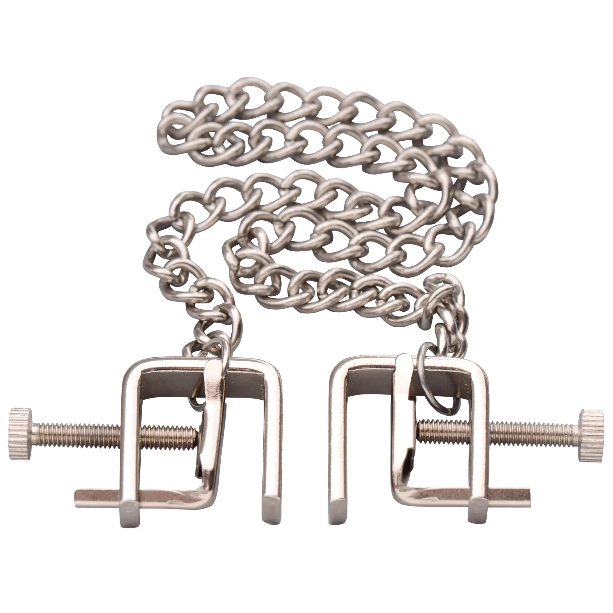 Master Series Pressure Vice Nipple Clamps: two silver metal screw-adjustable clamps connected by a link chain.